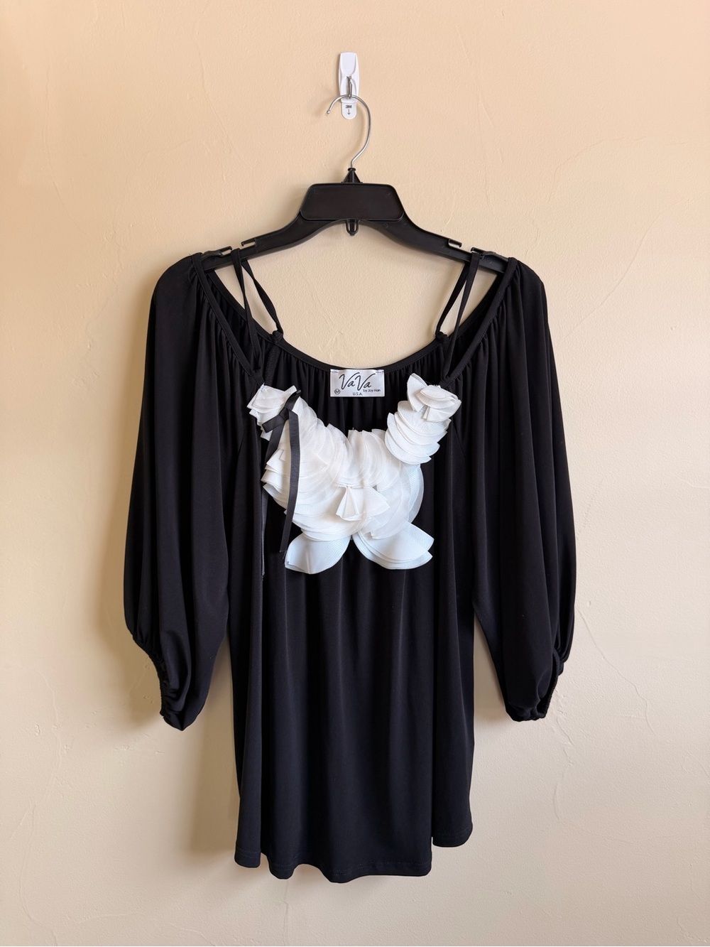 Vava by Joy Han Black Top with White Layered Floral Detail